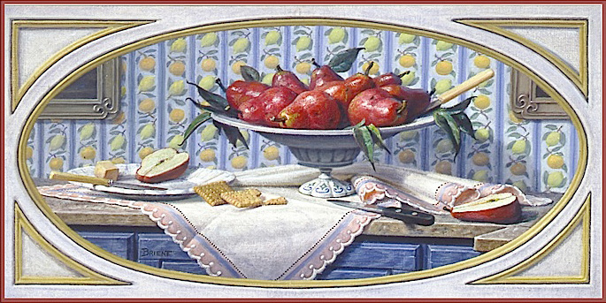 A Plate of red apples on a blue dresser